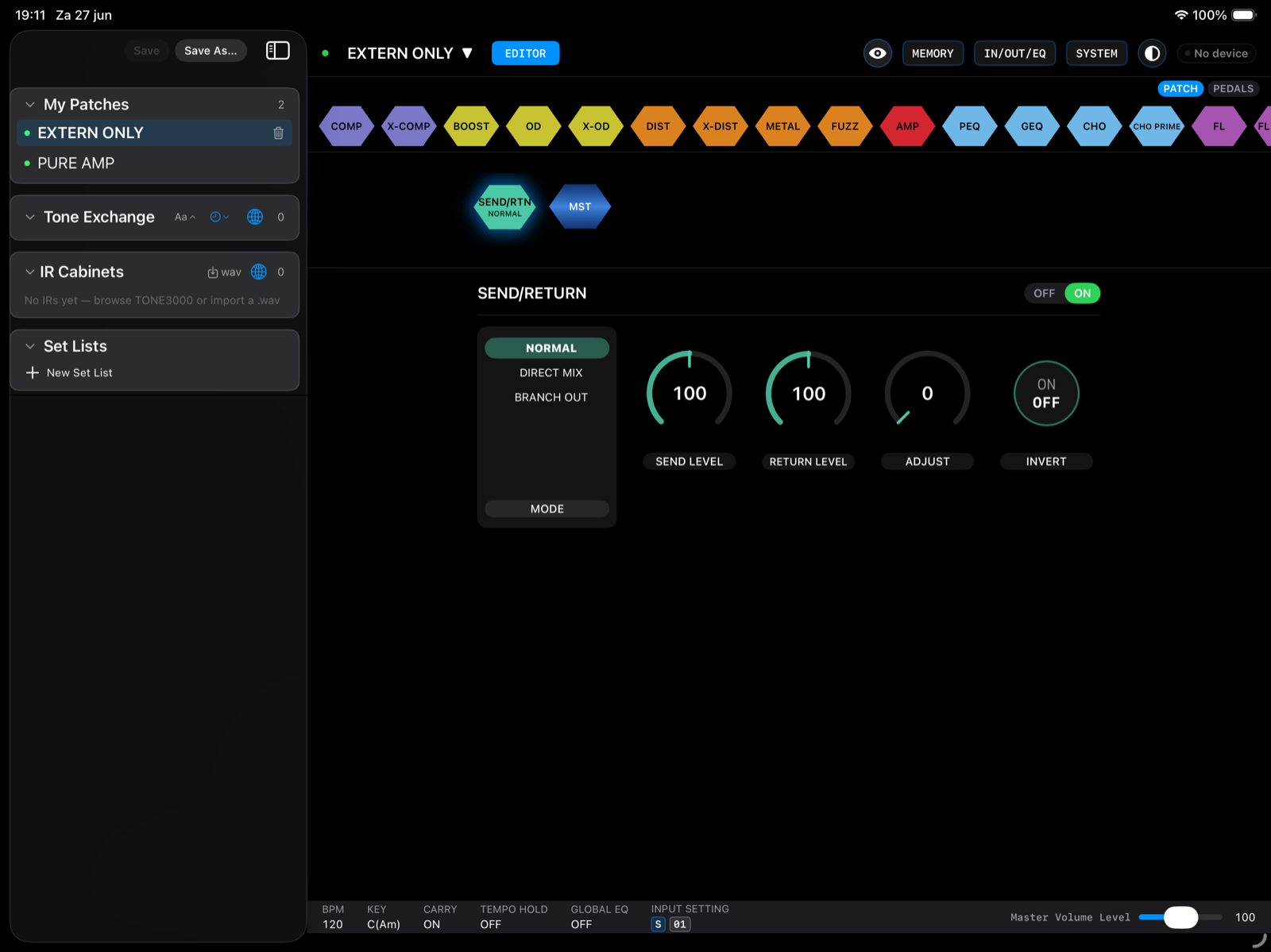GXnarly showing a guitar effects chain on iPad in landscape