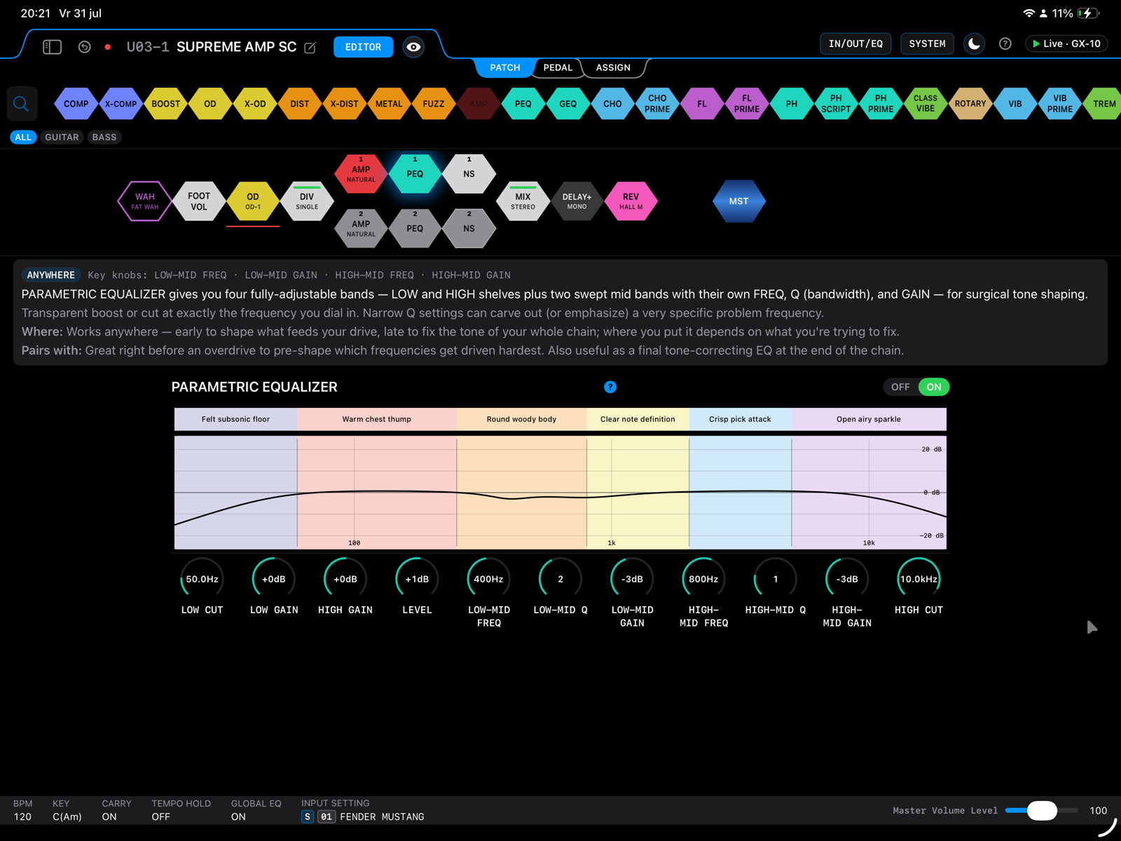GXnarly's parametric equalizer with frequency bands labelled in plain language