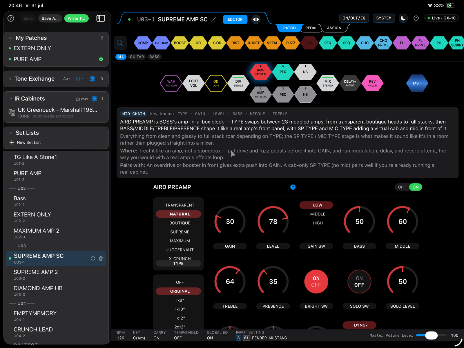 GXnarly editing the AIRD PREAMP block, with an explanation panel above the controls