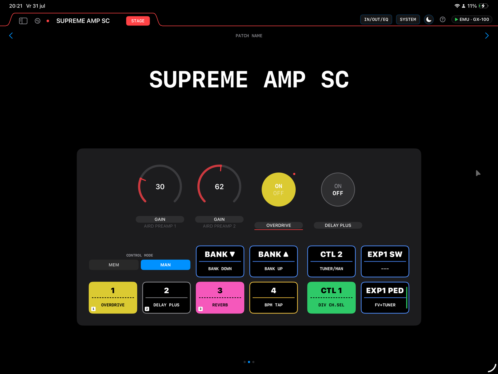 GXnarly stage view: large patch name with the four footswitch assignments below
