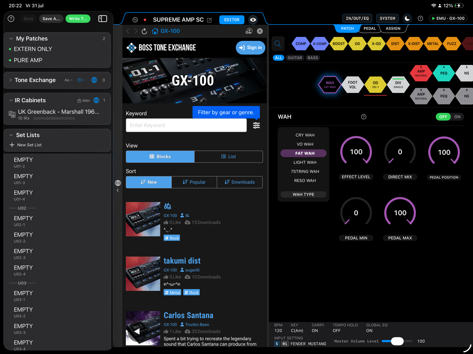 BOSS TONE EXCHANGE patch browser open inside GXnarly next to the effect chain