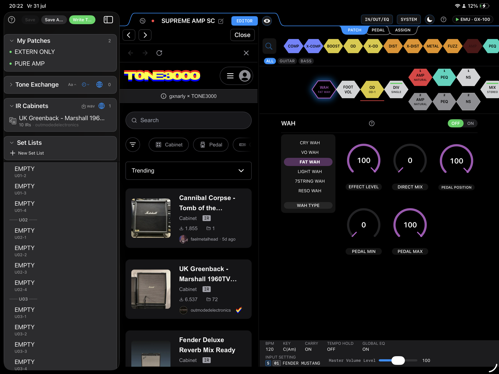 TONE3000 impulse response browser open inside GXnarly beside the AIRD preamp controls
