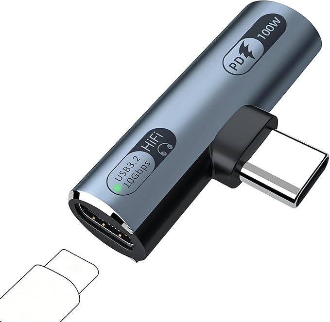 A small right-angle USB-C splitter: a male USB-C plug on its side, a 100 W Power Delivery port on one end and a USB 3.2 data port with a green status LED on the other